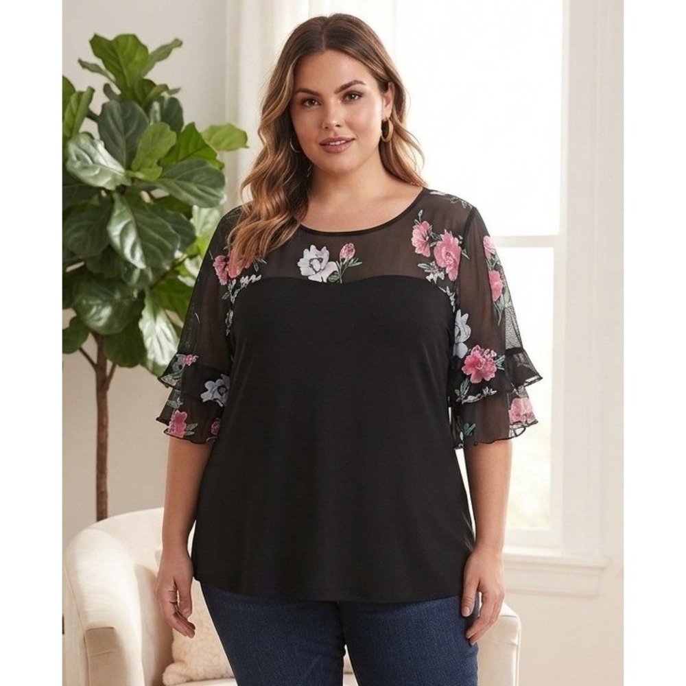 SHEIN Curve Floral Mesh Yoke Top Women's 1XL Black Ruffle Sleeve Relaxed Goth